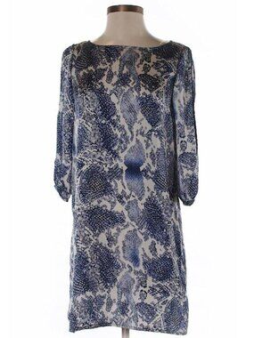 Fab’rik Animal Print White Blue Size S 3/4 Sleeve Satin Keyhole Boat Neck Dress